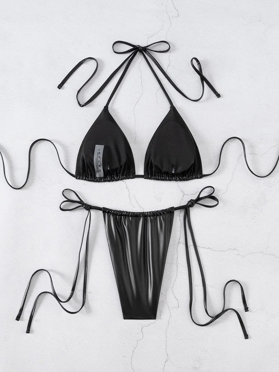 Sexy Kunstleder Bikini Damen – Micro Tanga Zweiteiler aus PU-Leder